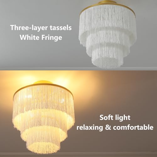 3-Tiered Boho Chandelier with Metal and White Fringe,3 Lights Fringe Pendant Light Fixture,Tassle Chandelier for entryway,Dining Room,Baby Nursery,Gold and White - color: 3-Tiered-White