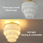 3-Tiered Boho Chandelier with Metal and White Fringe,3 Lights Fringe Pendant Light Fixture,Tassle Chandelier for entryway,Dining Room,Baby Nursery,Gold and White - color: 3-Tiered-White