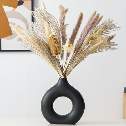 Modern Donut-Shaped Decorative Vases, Handmade Minimalist Boho ins Style, Modern Vase for Home Decor for Wedding Dinner Table Party Living Room Office Bedroom (Black, Large + Small) - color: Black, size: Large + Small
