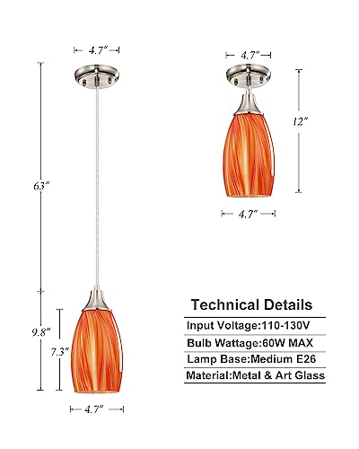 Glass Pendants Lights Kitchen Island Handcrafted Art Glass Mini Pendant Light Fixtures Oval Pendant Light Shade with Brush Nickel Finish Adjustable Cord for Kitchen Over Sink,Hallway,Dining/Bath - color: Mixed Red Orange and Yellow -1Pack