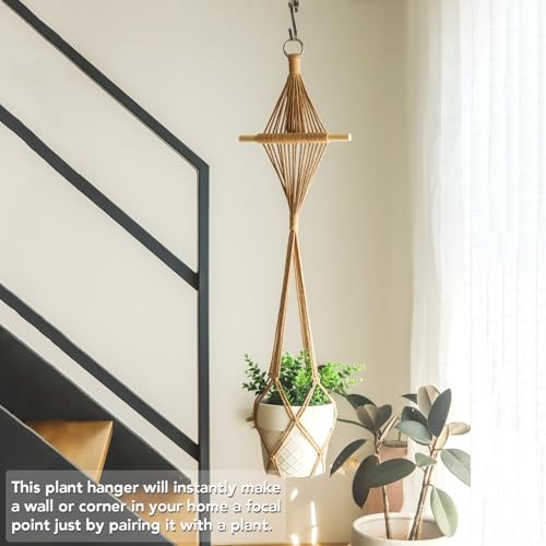 Wooden Dowel & Diamond Macrame Plant Hangers 2 Pack 39 Inch, Handwoven Cotton Rope Plant Holder with S Hooks, Boho Home Decor for Indoor Plants for up to 10in Pot (Caramel Wood Hanger)