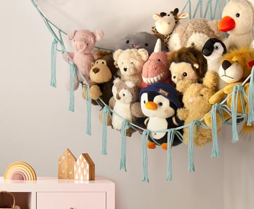 Stuffed Animal Hammock-Large Stuffed Animal Net For Toys Corner-Hanging Stuff Animal Toy Storage Organizer For Plush Plushie Display Light Blue Girl Room Bedroom Boho Nursery Decor Toy Storage - color: LightBlue, size: Standard(41.5"L x 55.2"W x 41.5"H)