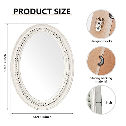 H HOMEWINS Oval Mirrors for Wall,20x30 Oval Wooden Rustic Farmhouse White Beads Boho Decorative Mirror for Bedroom, Bathroom, Living Room,Vanity - color: White, size: 30"L x 20"W