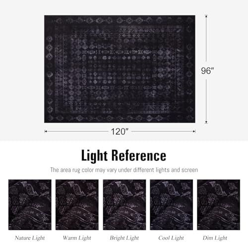 Washable Area Rug 8x10, Large Boho Living Room Rug, Thin Vintage Rugs for Bedroom,Non-Slip Rubber Backing Retro Floral Carpet Print Distressed Accent Rugs for Dining Room Home Office-Dark Black,8'x10' - color: Dark Black, size: 8' x 10' (Rectangular)