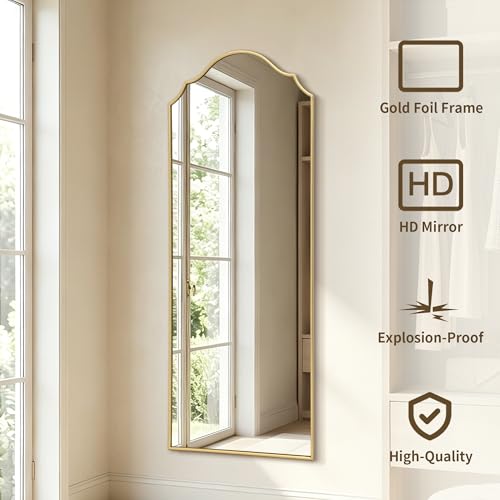 Besdomus Scalloped Full Length Mirror: 21"x56" Gold Arched Floor Mirror - Minimalist Modern Wooden Frame Body Long for Wall/Bedroom/Cloakroom/Entryway/Living Room - Home Decor for Housewife - color: Gold Leaf, size: 56"L x 21"W