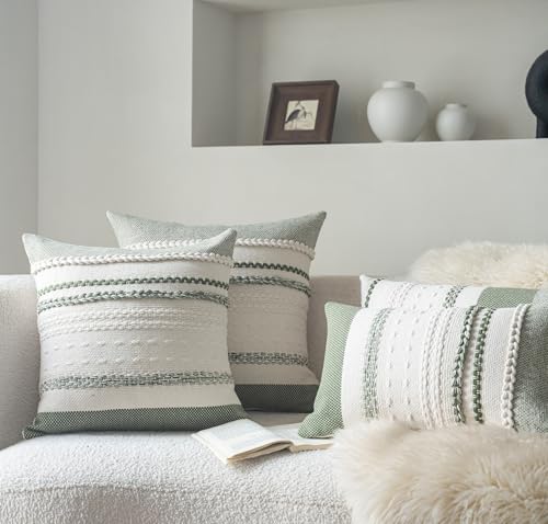 Cethom Boho Throw Pillow Covers 18x18 Inch Set of 2, Green Textured Decorative Couch Pillow Cases for Farmhouse Home Decor, Accent Cushion Cover for Sofa, Bed, Living Room, Bedroom - color: Green, size: 18" x 18" (Pack of 2)