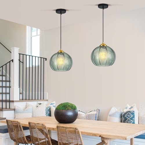 Mikeru 2-Pack Mint Glass Pendant Lights Kitchen Island Lighting Single Globe Pendant Light Fixtures Century Modern Kitchen Island Pendant Lighting for Bedroom Living Dining Room Light (Without Bulbs) - color: Mint-1 Light-2PC