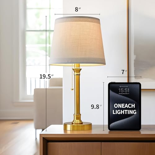 Oneach Modern Gold Brass Table Lamp Set of 2 for Bedroom Living Room 19.5'' Traditional Bedside Desk Nightstand Buffet Candlestick Samll Lamps with White Drum Shade - color: Gold