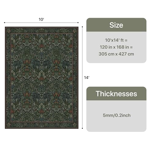 Bavni 10x14 Area Rugs for Living Room, Floral Rug Machine Washable Non Slip, Vintage Boho Forest Carpet, Soft Low Pile Thin Lightweight Rugs for Bedroom, Farmhouse, Dining Room Office, Dark Green - color: Dark Green, size: 10' x 14' (Rectangular)