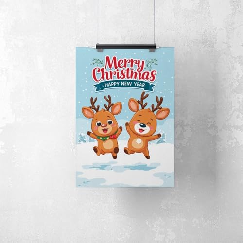 JDBeehpy Merry Christmas & Happy New Year Frameless Canvas Print Wall Art Painting Reindeer Playing Happily in Snow Cute Poster Home Decor Mural 08x12inch(20x30cm) - color: Reindeer Unframe, size: 12L" x 8W"