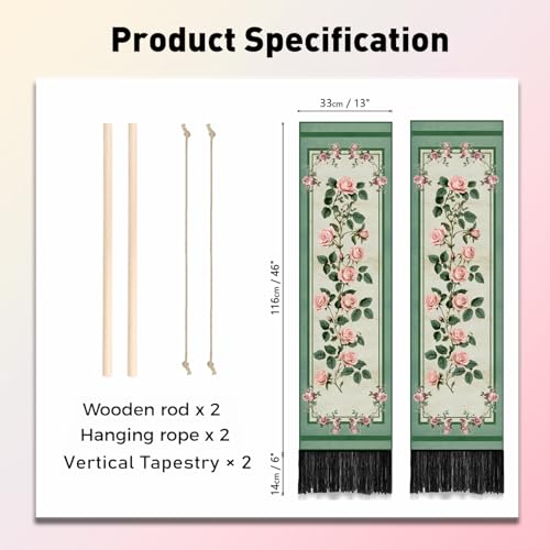 PLIGREAT 2 Pack Rose Corner Tapestry Vintage Vertical Green Wall Hanging with Tassels Aesthetic Wall Tapestry for Bedroom Bathroom Living Room Home Art Decor Housewarming Gift - color: pink,green