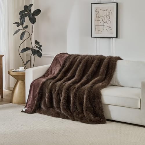 Luxury Fluffy Faux Fur Throw Blanket,Thick Fluffy Silky Fuzzy Cozy Blanket,Plush Blankets for Couch, Sofa, Chair, Bed-Brown,50x60 Inches - color: Brown, size: Throw (50" x 60")