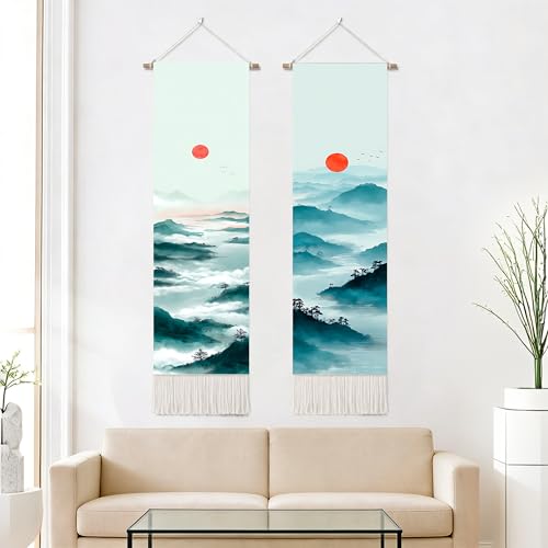 seewan 2 Pack Long Vertical Wall Tapestry, Boho Nature Landscape & Floral Aesthetic Wall Hanging for Bedroom Living Room Home Decor, Long Narrow Art Tapestry with Sunrise Mountain Botanical Designs, 13" × 51" (Blue Ridge Sunrise, 13"Wx51"H, Unframed) - co