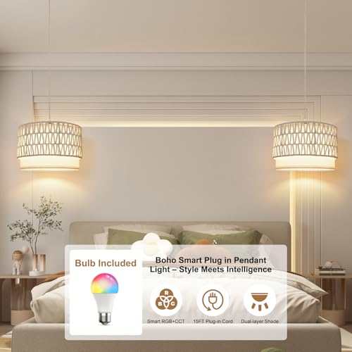 ZSLAIFU Hanging Lamp Plug in Pendant Light, 15FT White Hanging Lights with Plug in Cord, Hanging Light with Bulb and Remote, Hanging Lamps for Bedroom, Living Room, Kitchen, Farmhouse - color: White Rattan-White Shade