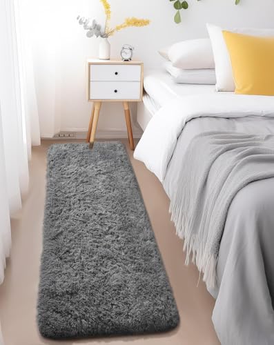 Ophanie Runner Rug for Hallway, 2x6 Washable Non-Slip Fluffy Soft Bedside Rugs 2 Pack, Bedroom Living Room Shaggy Gray Carpet for Kids Girls Boys Dorm Nursery Decor,Grey with Over 99 pcs Pile fibers - color: 1- Grey, size: 2' x 6' (Rectangular) Pack of 2