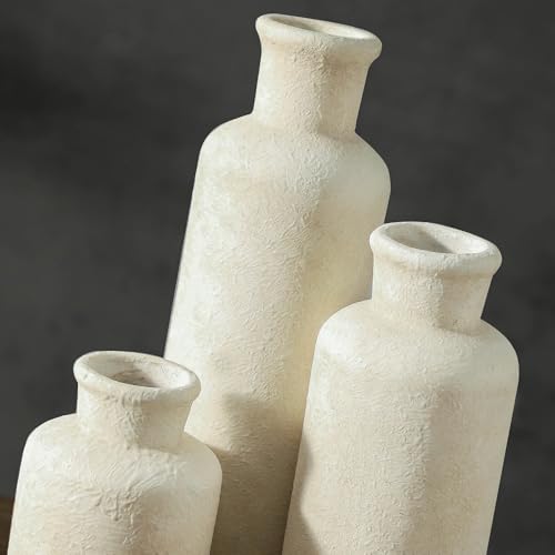 Ceramic Vases Set of 3, Whitewashed Neutral Flower Vases Home Decor, Pottery Rustic Farmhouse Decorative Vases Modern Decor for Table Mantel Entryway Bookshelf Living Room Kitchen Bedroom - color: 007 Rustic - White
