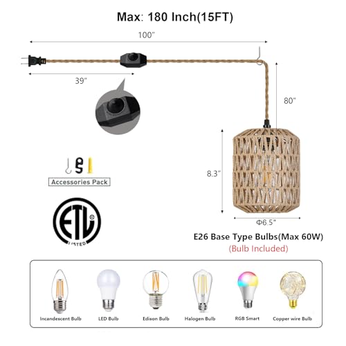 Plug in Pendant Light with 6W LED Bulb Warm Light(3000K) Dimmable Switch Cute Rattan Hanging Lamp Cord 15ft Hand Woven Plug in Chandelier Boho Hanging Lights Fixture for Bedroom Kitchen - size: 1 Light (Bulb Included)