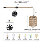 Plug in Pendant Light with 6W LED Bulb Warm Light(3000K) Dimmable Switch Cute Rattan Hanging Lamp Cord 15ft Hand Woven Plug in Chandelier Boho Hanging Lights Fixture for Bedroom Kitchen - size: 1 Light (Bulb Included)