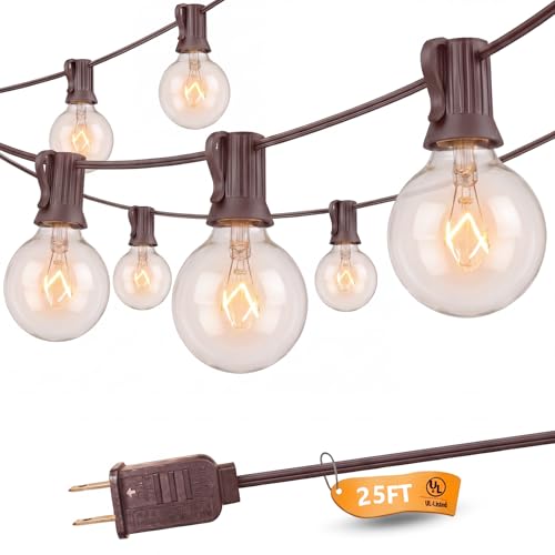 SUNSGNE 25Ft Globe String Lights with 27 Clear G40 Bulbs, Natural Warm Bulb Hanging Umbrella Lights for Backyard Patio Garden Party Cafe Indoor Outdoor Decor-Brown - color: Clear-Brown, size: 25 Ft