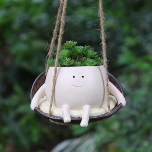 bestbear Hanging Swing Chair Planter Pot Resin Smiley Face Planter for Indoor Outdoor Plant Cute Head Flower Pots for String of Pearls Plant Live Unique IdeaI for Mother Day, Christmas (Small) - size: Small