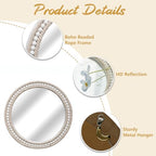 Boho Round Beaded Wall Mirror - 16 Inch Decorative Rope-Wrapped Circle Mirrors for Bathroom Living Room Entryway