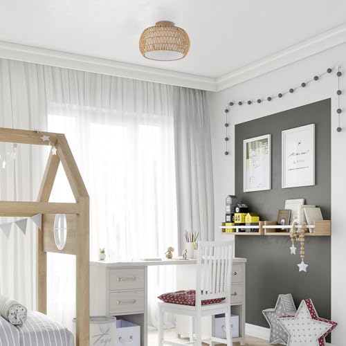 Rattan Light Chandeliers Boho Ceiling Light Fixtures Drum Flush Mount Ceiling Light Small Woven Chandelier for Kitchen Bedroom Hallway Nursery Light Fixture - color: Rattan Drum