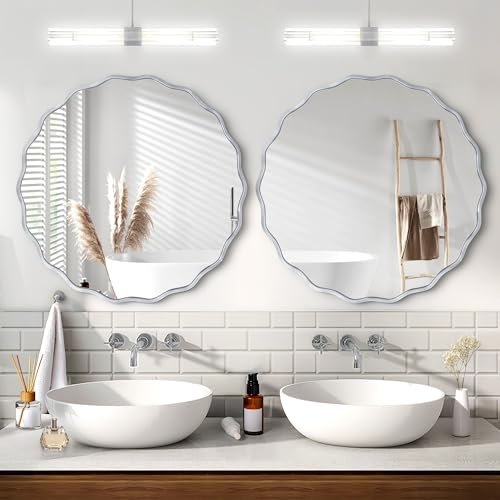 Gold Round Mirror for Wall, 24"x24" Decorative Wavy Bathroom Mirror with Brushed Alloy Steel Frame & Shatter-Proof Glass, Hanging Circle Wall Mirrors for Bathroom, Entryway (Silver, Small) - color: Silver, size: Small