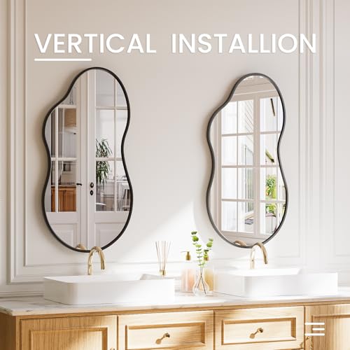 48”x 27” Irregular Wall Mirror, Black Vanity Asymmetrical Mirror, Aluminum Framed, Tempered Glass, Irregular Decorative Large Bathroom Mirrors for Wall (Horizontal/Vertical) - color: Black, size: 48"L x 27"W