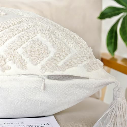Boho Throw Pillows, 18x18 Pillow Covers,Bohemian Cushion Case, Textured Moroccan Throw Pillow Cover,Decorative Farmhouse Neutral Pillowcase for Couch Sofa Bedroom Living Room Home Decor White - color: Boho Cream, size: 18" x 18" (Pack of 1)