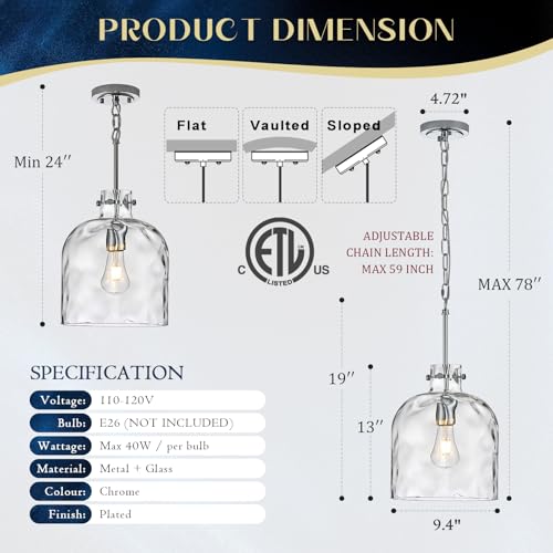 Chrome Pendant Light for Kitchen Island – 10" Modern Glass Dome Hanging Light Fixture, Single E26 Ceiling Pendant Lamp for Dining Room, Hallway, Bedroom - color: Chrome-Medium