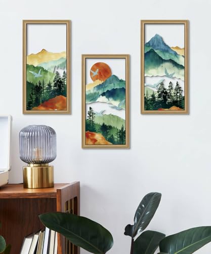 Putuo Decor Boho Mountain Wall Art Set of 3, Aesthetic Nature Landscape Mountain Wall Decor, Rustic Farmhouse Mid-Century Modern Artwork for Living Room, Bedroom, Office, 16.5 x 8.6 inch - color: Boho Mountain Aesthetic Wall Art