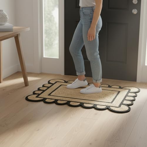 Braided Scalloped Jute Rug Natural with Black Trim, Handmade Farmhouse Boho Area Rug for Entryway, Kitchen, Hallway, Living Room, Bedroom, Rustic Woven Floor Rug - (Black- 2X3 ft) - size: 2' x 3' (Rectangular)