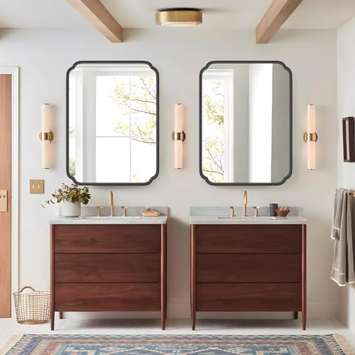 Ferytange Matte Black Bathroom Vanity Mirror for Over Sink 30" x 40" Modern Rounded Corner Rectangle Wall Mirror Decorative with Non-Rusting Iron Metal Framed (Horizontal/Vertical) - color: Black, size: 40"L x 30"W