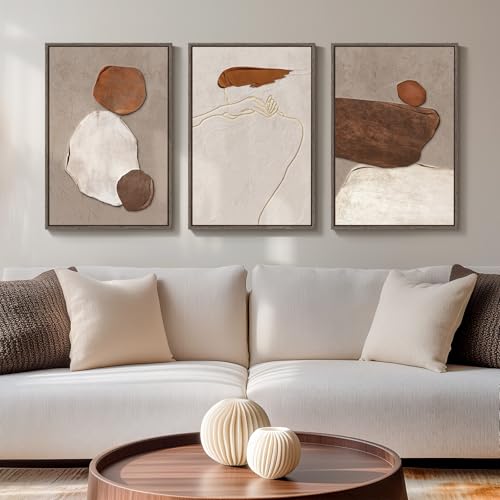 Framed Neutral Abstract Wall Art, 3 Piece Earth Tones Rustic Canvas Prints Paintings Artwork for Walls, Minimalist Abstract Stone Pictures for Living Room Dining Room Bedroom Wall Decor 16x24 Inch - color: Earthy, size: 16" W x 24" H x 3pcs