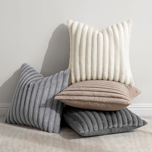 MIULEE Faux Fur Plush Decorative Throw Pillow Covers 20x20 Set of 4, Boho Farmhouse Soft Fuzzy Striped Cushion Covers for Sofa Couch Bed Living Room Vintage Rustic Home Decor,Grey Taupe - color: Grey Taupe, size: 20" x 20" (Pack of 4)