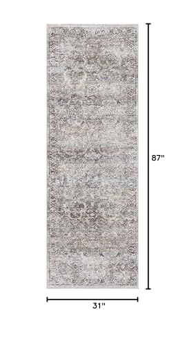 Hauteloom Wentworth Hallway, Kitchen Machine Washable Runner Rug - Floral Distressed Border Medallion Faded - Traditional Oriental Transitional Vintage - Olive, Green, Cream, Gray, Beige - 2'7" x 7'3" - color: Olive, Green, Cream / Holli, size: 2'7" x 7'3