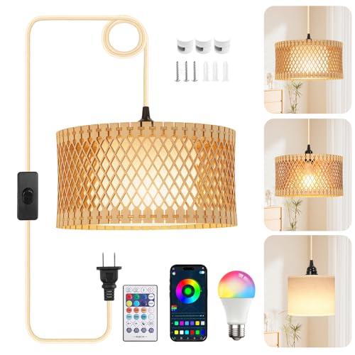 ZSLAIFU Hanging Lamp Plug in Pendant Light, 15FT Hanging Lights with Plug in Cord, Hanging Light with Bulb and Remote, Wood Shade Hanging Lamps for Bedroom, Living Room, Kitchen, Farmhouse - color: Wood - White Shade