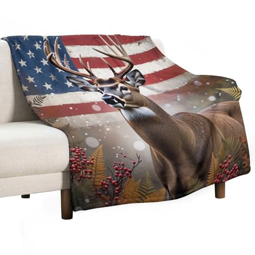 American Flag Hunting Deer Antler Fern Berry Super Soft Throw Blanket, Colorful Flag Brown Flannel Fleece Decorative Throw for Sofa Couch Bedroom Decor Outdoor Use 50"x60" - color: American Flag Hunting Deer Antler Fern Berry, size: 50"x60"