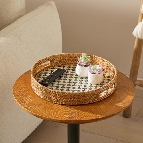 YANGQIHOME Round Rattan Tray with Handle, Mother of Pearl Inlay Decorative Wicker Basket for Coffee, Bread, Fruits, Serving Tray for Home Decor, Checkerboard - color: Checkerboard, size: 13.8"