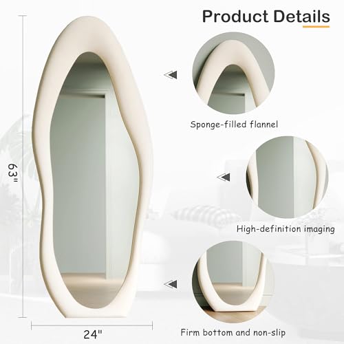 Honyee Full Length Mirror, 63" x 24" Wall Mirror, Flannel Wrapped Wooden Frame Full Body Mirror, Irregular Wavy Mirror Hanging or Leaning Against Wall for Cloakroom/Bedroom/Living Room, Ivory White - color: Ivory White, size: 63"L x 24"W