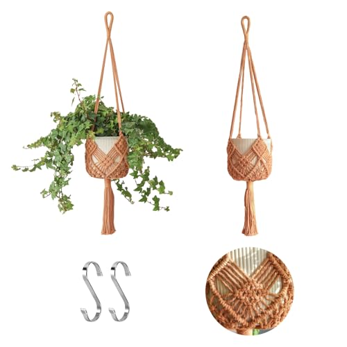 Hanging Planter with Patterns,2Packs Macrame Plant Hangers Indoor Macrame for up to 8 inch Pot Crochet Boho Plant Hanger Holder for Indoor Outdoor with 2S Shaped Stainless Steel Hooks (Caramel) - color: Caramel