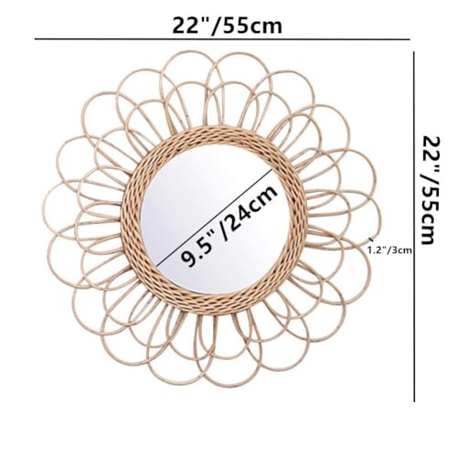 OYPEIP 22" Large Rattan Innovative Art Decoration Round Makeup Mirror Dressing Bedroom Bathroom Wall Hanging Mirrors Craft Photo Props,Glass Decor