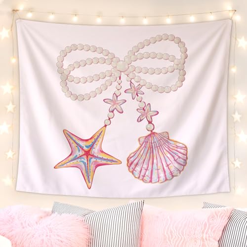 Lacama Pink Coquette Coastal Beach Tapestry, Cute Preppy Tapestry Decorative for Teen Girls Room Bedroom College Dorm Apartment, College Dorm Decor, 50x60 Inches - color: conch