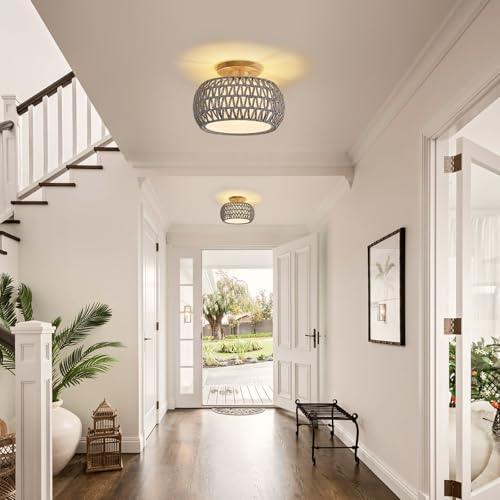 Boho Rattan Ceiling Light Fixture - 3 Style Options Wicker Semi Flush Mount Ceiling Lights,Grey Coastal Light Fixtures,Bohemian Woven Basket Chandelier for Hallway Bedroom Nursery Kitchen Laundry - color: Gray
