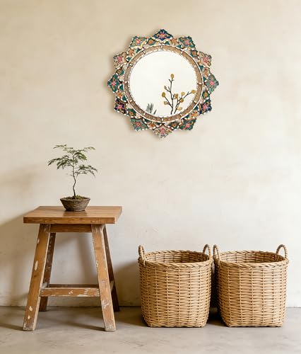2 Pieces Peruvian Round Wall Mirror - Boho Flower Shape Vintage Decor, Acrylic Wooden Decorative Mirror with Flat Printed Patterns, Small Blue Accent for Bedroom - color: Blue and White