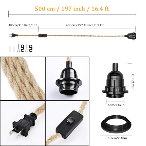 16.4ft Plug in Pendant Light Cord 2-Pack, Farmhouse Hemp Rope Hanging Lights Cord Kit with Switch, Industrial Vintage Plug in Hanging Light Fixture DIY E26 E27 Lamp Socket Cord, No Bulb - color: 2-Pack 1-Light Hemp Rope Black