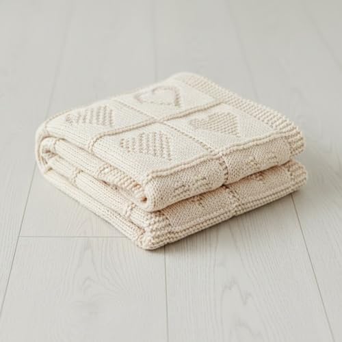 Baby Knit Cotton Blanket Cream Heart Design Cozy Stroller Crib Throw Soft Nursery Gift Baby Shower Birthday Christmas Size 36x28 - color: Cream, size: 36"x28"