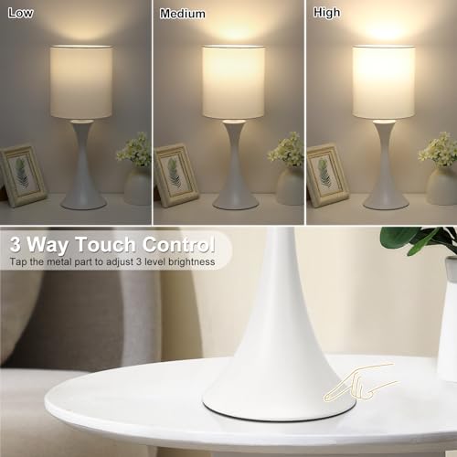 Modern Table Lamps, 3 Way Touch Control Table Lamp, Dimmable Desk Lamp, White Nightstand Lamp with Fabric Shade, Small Bedside Lamp for Living Room, Dorm,Home Office, LED Bulb Included - color: White Base with White Shade