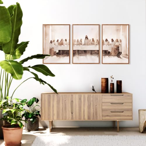 CHDITB Jesus Last Supper Framed Canvas Wall Art Set Of 3, Christian Twelve Apostle Wall Decor, Scripture Jesus Wall Painting,Bible Renaissance Easter Art Prints For Dining Room Church (12X16 Inch) - color: Jesus wall art