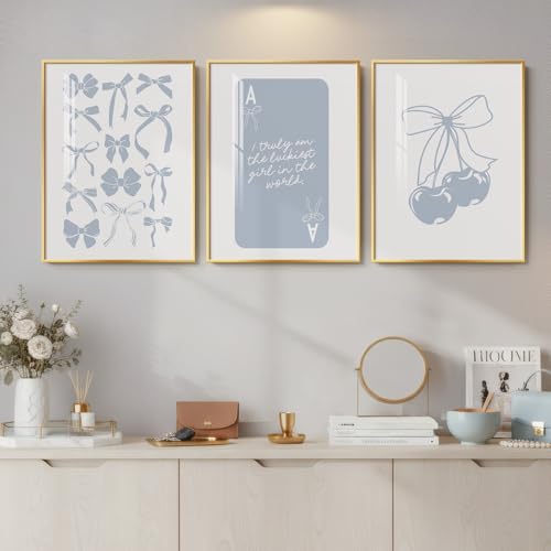 Framed Preppy Blue Wall Art for Room Decor, 3 Piece Bow Cherry Girly Artwork for Walls, Cute Aesthetic Blue Canvas Prints for Girls Bedroom Living Room Girly Room Apartment Wall Decor, 12x16 Inch - color: Light Blue